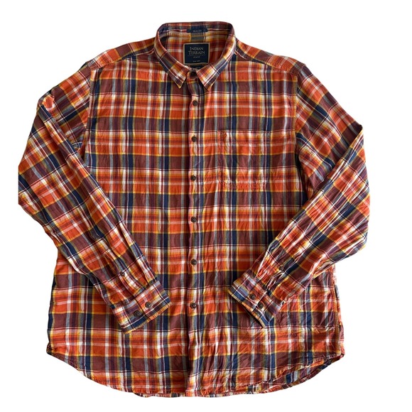 Indian Terrain Jeans XL Slim Fit Orange Plaid Button Down Shirt Men's Gorpcore - Picture 1 of 8